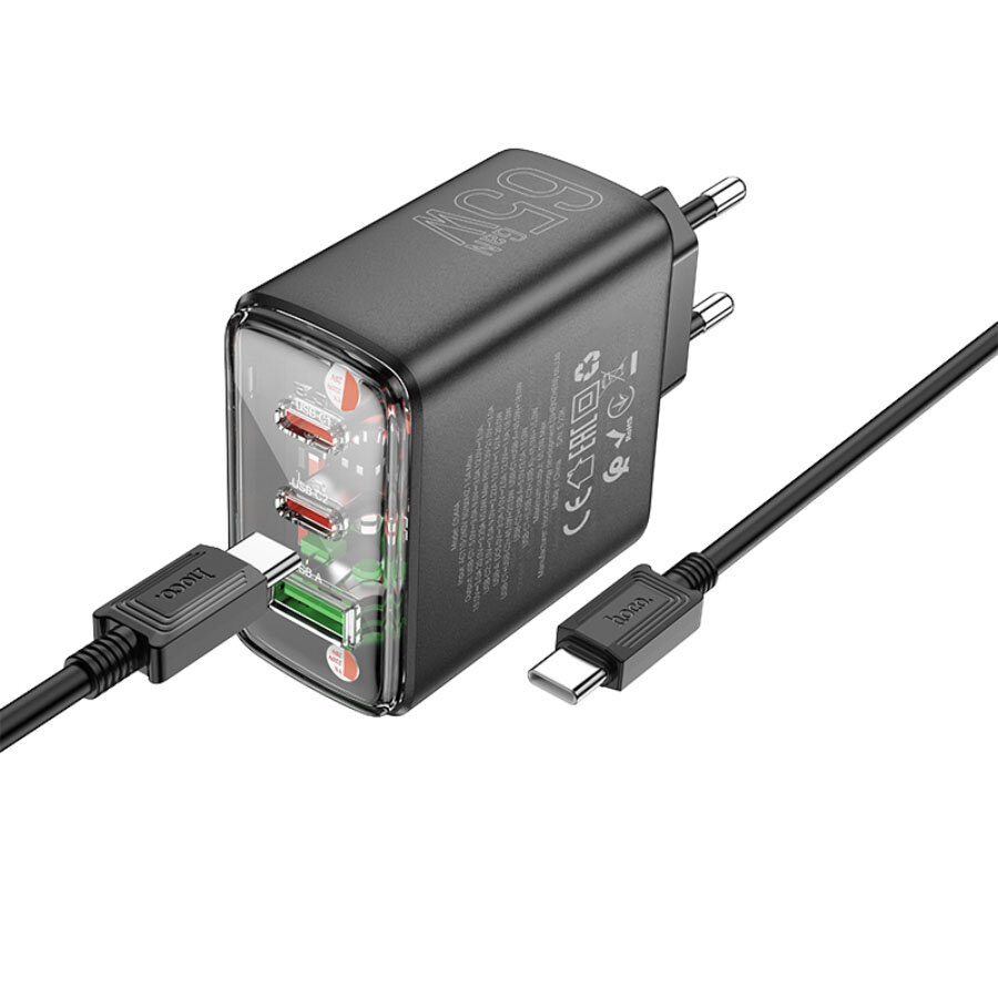 Сетевое зарядное устройство Hoco CS44A USB-A 2 Type-C PD65W быстрая зарядка с кабелем Type-C цвет Черный