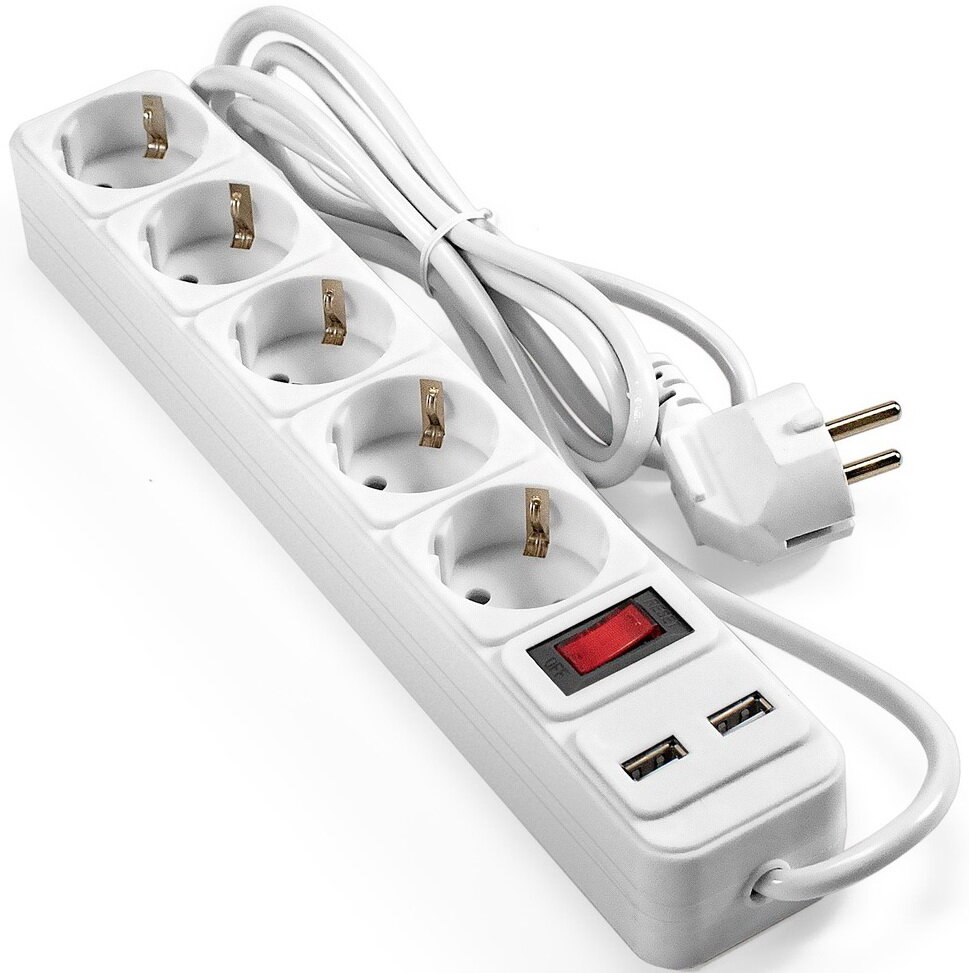 Сетевой фильтр-удлинитель с USB зарядкой ExeGate SP-5-USB-1.8W (5 евророзеток с заземлением 2 USB-A 2A 1.8м защита от перегрузки выключатель с под