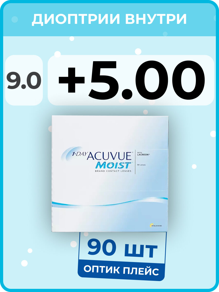 Контактные линзы ACUVUE 1-Day Moist (90 линз) +5.00 R 9.0, однодневные, прозрачные
