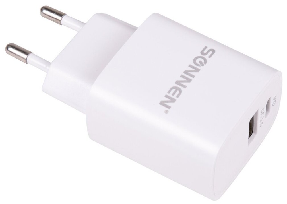 Зарядное устройство быстрое сетевое (220В) SONNEN, порты USB+Type-C, QC 3.0, 3 А, белое, 455505 455505