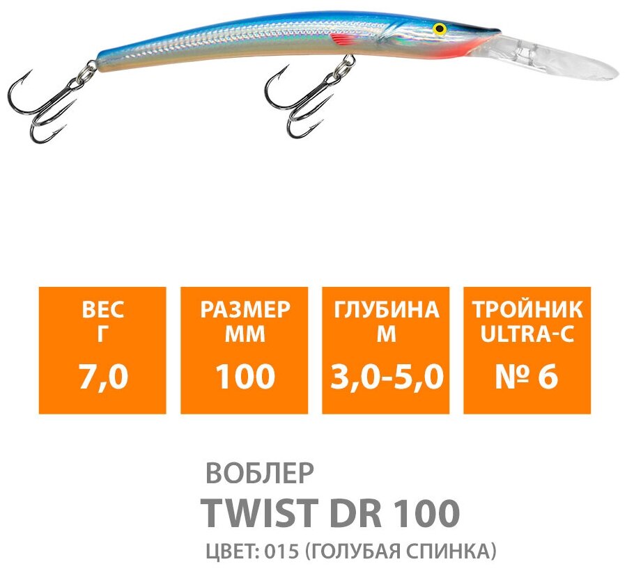 Воблер для рыбалки плавающий AQUA Twist DR 100mm 7g заглубление от 3 до 5m цвет 015