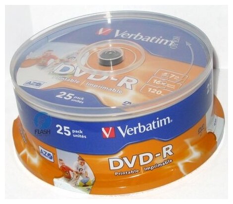 Оптический диск DVD-R диск Verbatim 4,7Gb 16x 25шт. Printable CakeBox (43538)