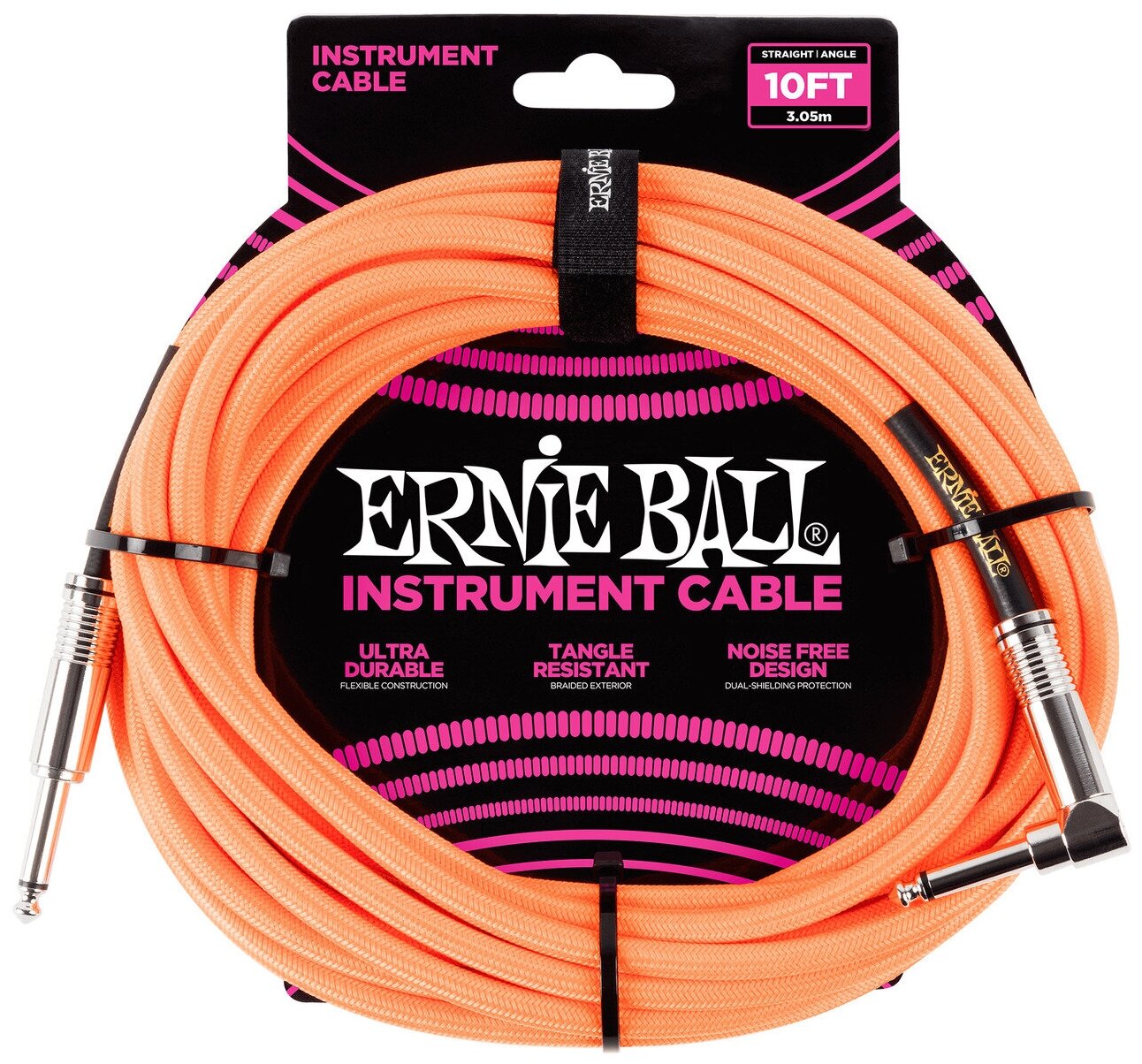 Ernie Ball 6079 кабель инструментальный оплетёный 305 м прямой/угловой джеки оранжевый неон