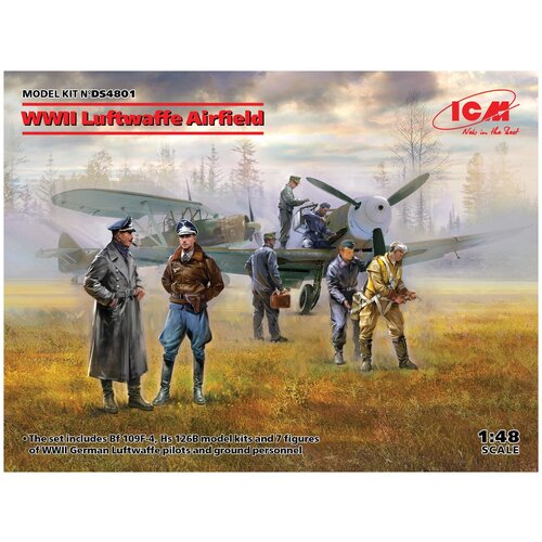 ICM Набор Аэродром Люфтваффе, II МВ, 1/48 (Bf 109F-4, Hs 126B + 7 фигур), Сборная модель сборная модель спитфайр lf ix 1 48 48066 icm