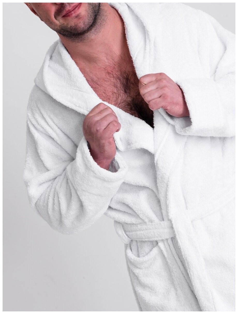 Халат мужской махровый BIO-TEXTILES с капюшоном 48-50 белый домашний хлопок с запахом банный больших размеров длинный в подарок бассейн - фотография № 17