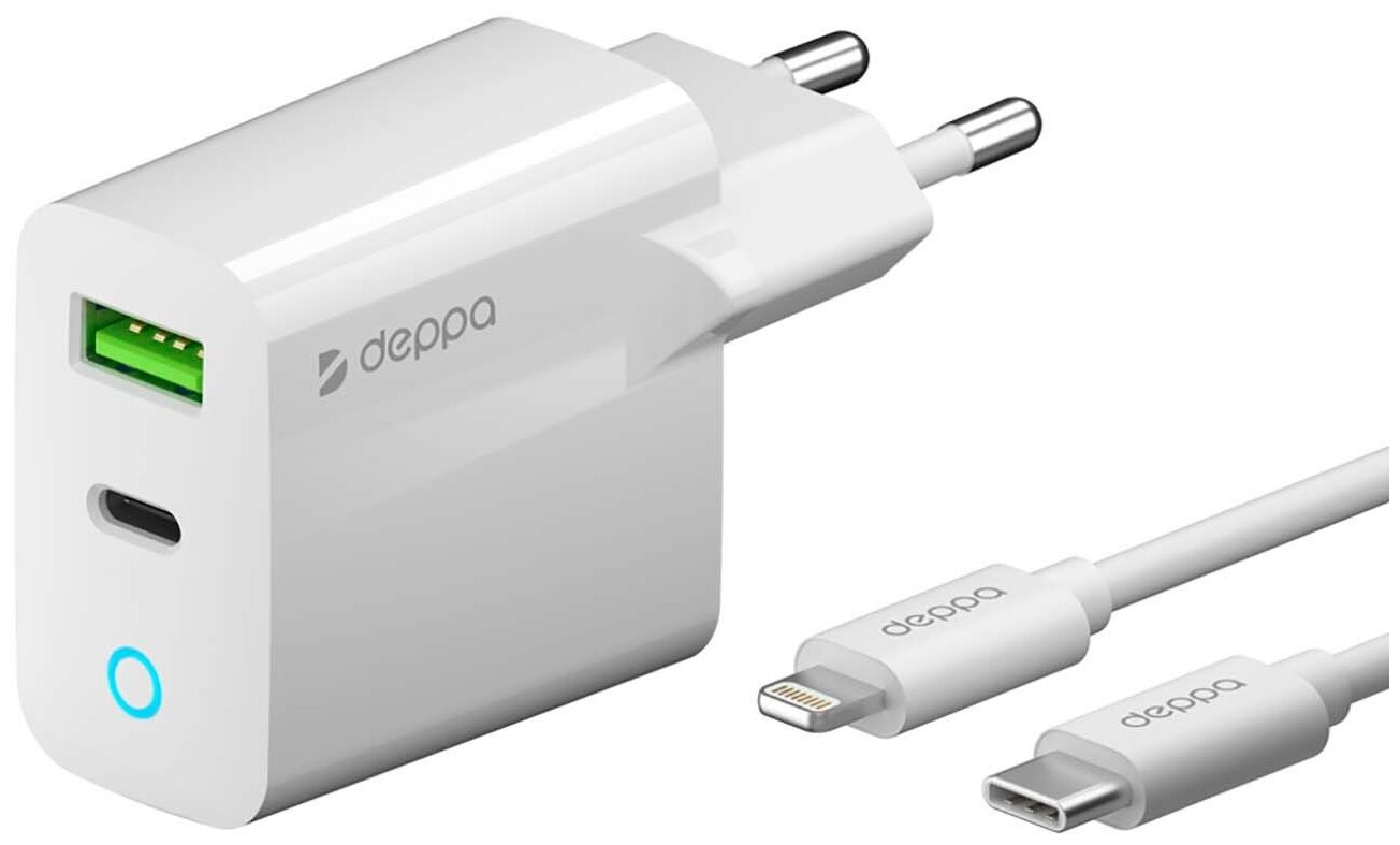 Сетевое зарядное устройство Deppa PD/QC 3.0 20W+кабель USB-C-Lightning (MFI) 1.2м