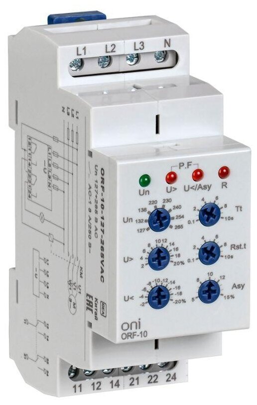 Реле фаз ORF 10 3ф. 2 конт. 127-265В AC с контр. нейтр. ONI IEK ORF-10-127-265VAC (1 шт.)