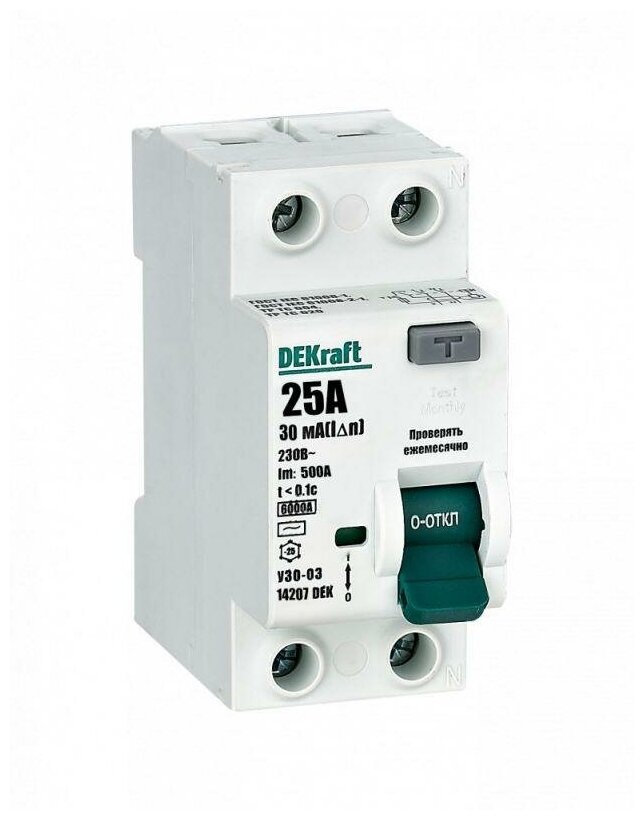 Выключатель дифференциального тока 2P 25А 30мА тип AC 6кА УЗО-03 14207DEK DEKraft