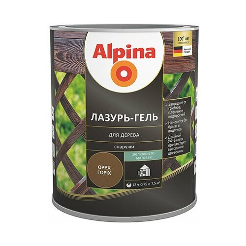 ALPINA лазурь-гель для дерева шелковисто-матовый, орех (10л) лак для стен и потолков alpina аква шелковисто матовый 10л