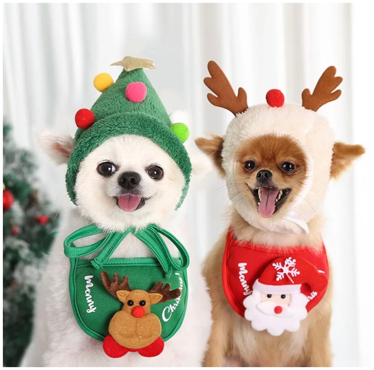 Забавный карнавальный костюм для собак мелких и средних пород на Новый год, зимняя шапка и нарядный передник для собак - фотография № 5