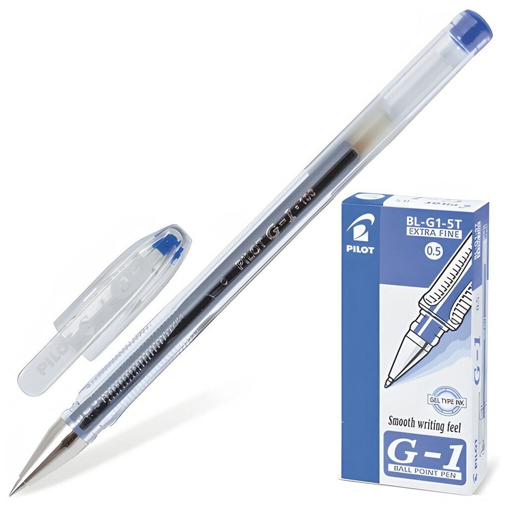 Ручка гелевая PILOT "G - 1", синяя, корпус прозрачный, узел 0,5 мм, линия письма 0,3 мм, 12 шт.