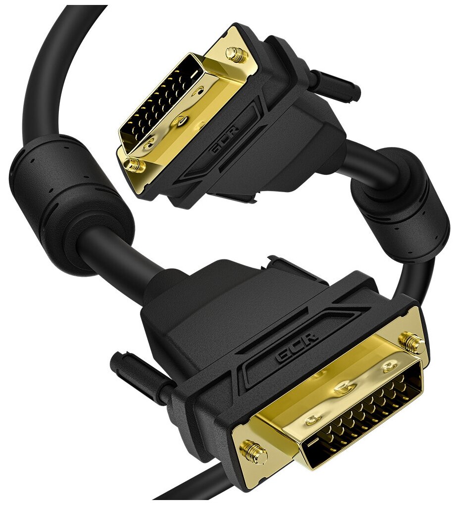 GCR Кабель PROF 5.0m DVI-D, черный, GOLD, ферритовые кольца, OD 8.5mm, 28 AWG, DVI/DVI, 25M/25M, двойной экран