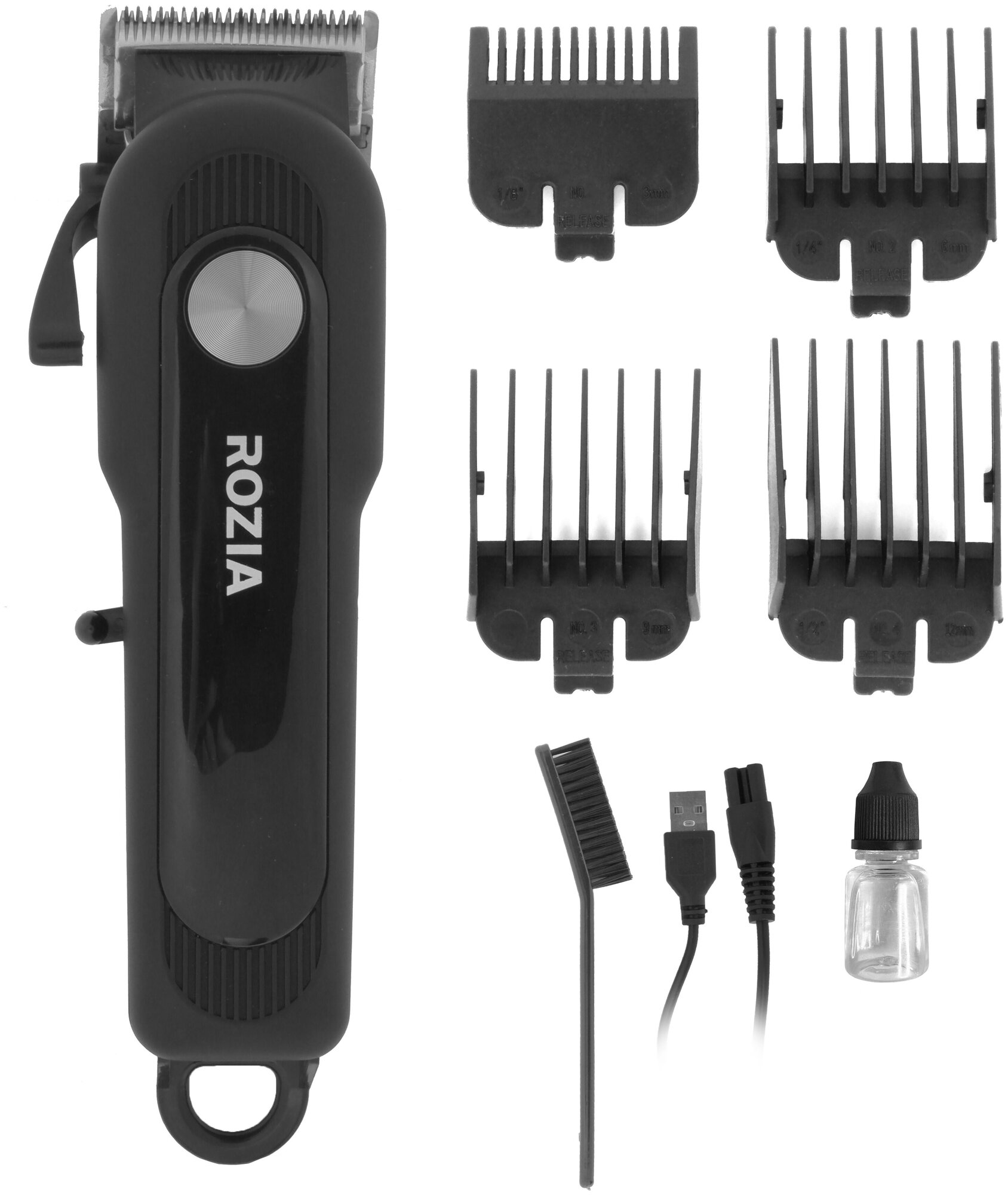 Машинка для стрижки Rozia HQ-2223 Триммер для стрижки волос, бороды и усов с регулятором и LCD дисплеем, 4 насадки, черный