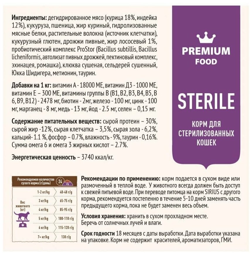 SIRIUS (Сириус) сухой полнорационный корм премиум класса для стерилизованных кошек индейка И курица 400 гр - фотография № 13