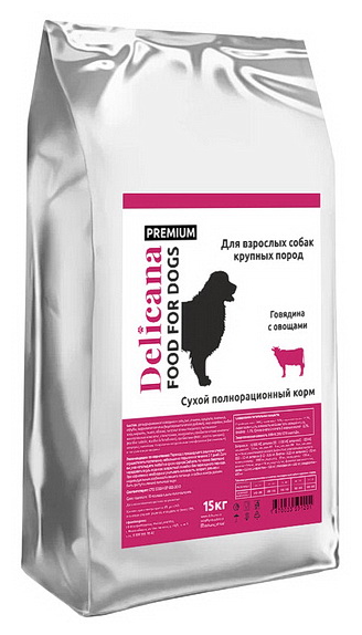 Delicana сухой корм для собак крупных пород, говядина с овощами 15 кг.