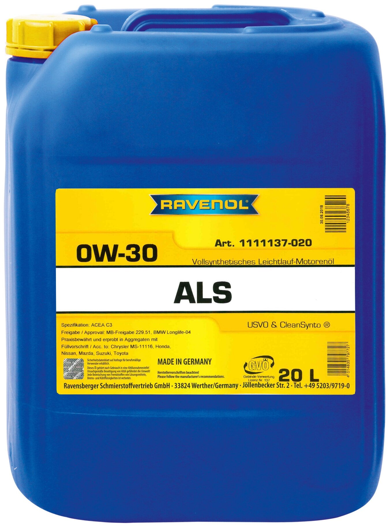 Моторное масло RAVENOL ALS 0W-30, 20 литров