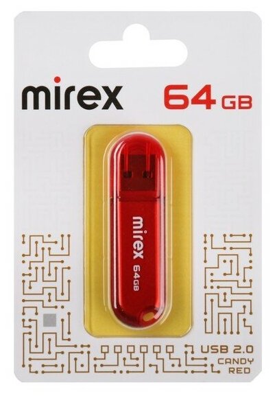 Флешка Mirex CANDY RED, 64 Гб ,USB2.0, чт до 25 Мб-с, зап до 15 Мб-с, красная