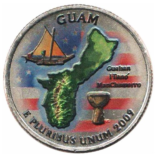 052p монета сша 2009 год 25 центов пуэрто рико вариант 2 медь никель color цветная (053d) Монета США 2009 год 25 центов Гуам Вариант №2 Медь-Никель COLOR. Цветная
