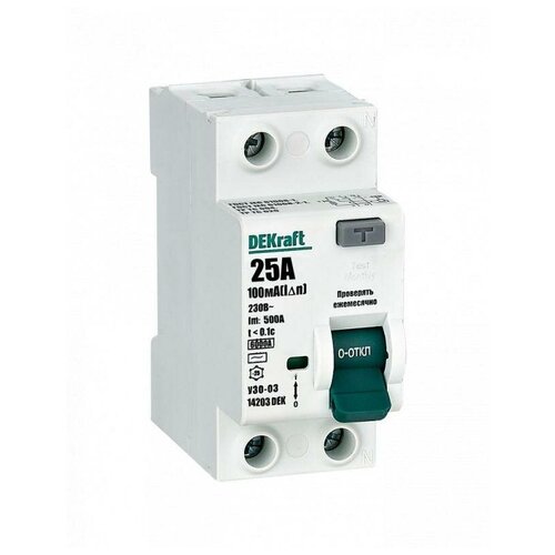 Выключатель дифференциального тока 2P 25А 10мА тип AC 6кА УЗО-03 | код 14203DEK | DEKraft (10шт. в упак.)