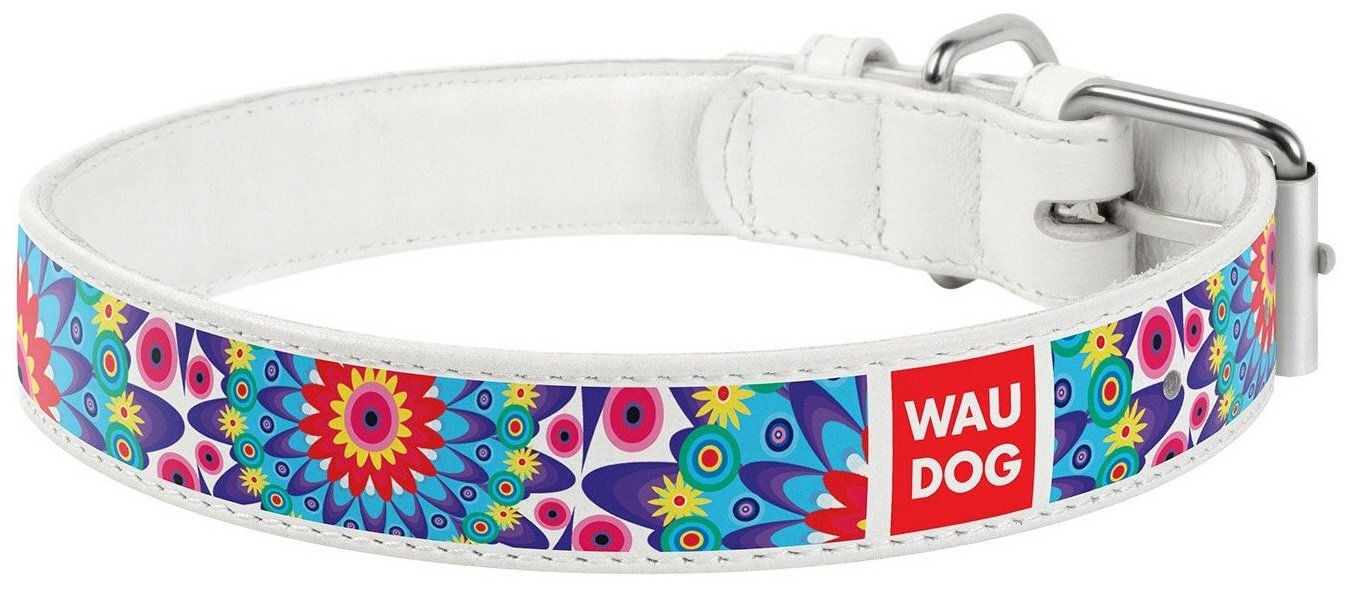 Collar ошейник кожаный Waudog Design "Цветы" ширина 20 мм., длина 30 - 39 см., Белый - фотография № 2