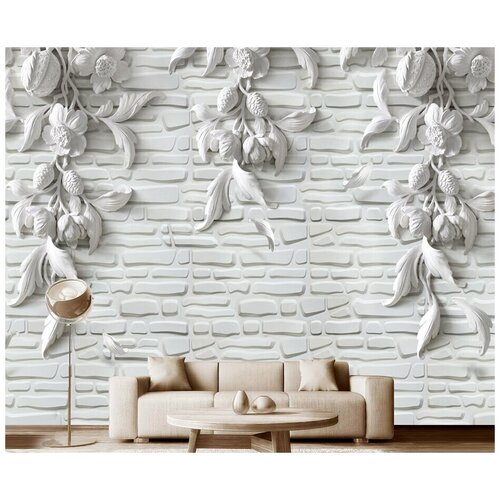 Фотообои на стену флизелиновые 3D Модный Дом Цветочный барельеф на кирпичной стене 350x270 см (ШxВ)