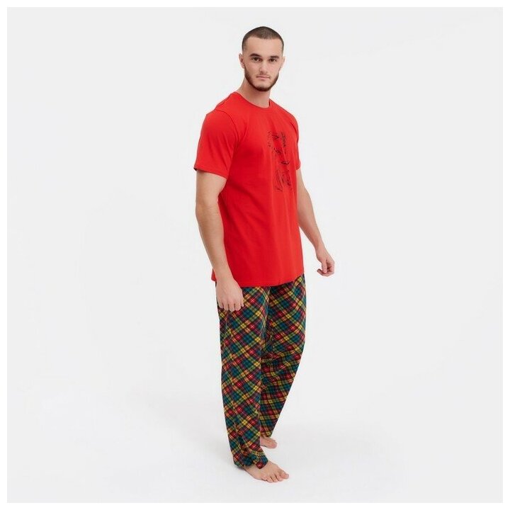 Ohana market Пижама мужская (футб/брюки), цвет красный/клетка, р-р 46 - фотография № 3