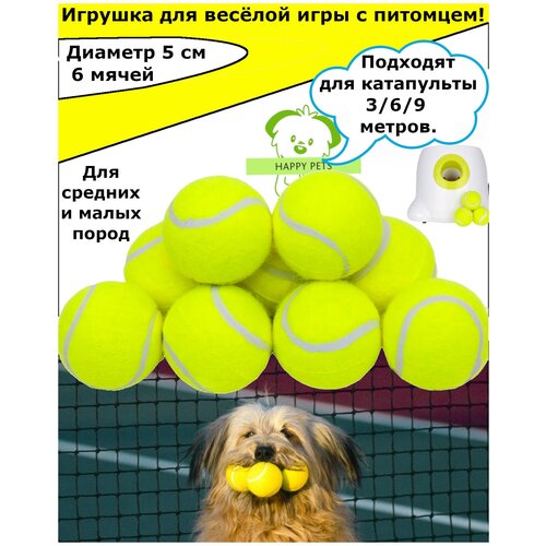 Мячики для катапульты - набор из мячей 6 штук , жевательный теннисный мяч для собак 5 см