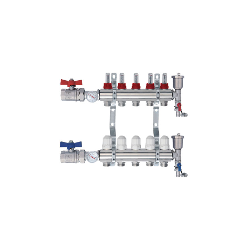 Коллекторная группа TIM KA006 1 ВР-ВР, 6 отводов 3/4, расходомер, воздухоотводчик, сливной кран, торцевой кран, термометр для теплого пола