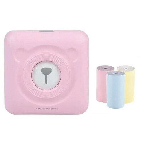 Портативный детский термопринтер (розовый) + 3 цвета дополнительной цветной бумаги