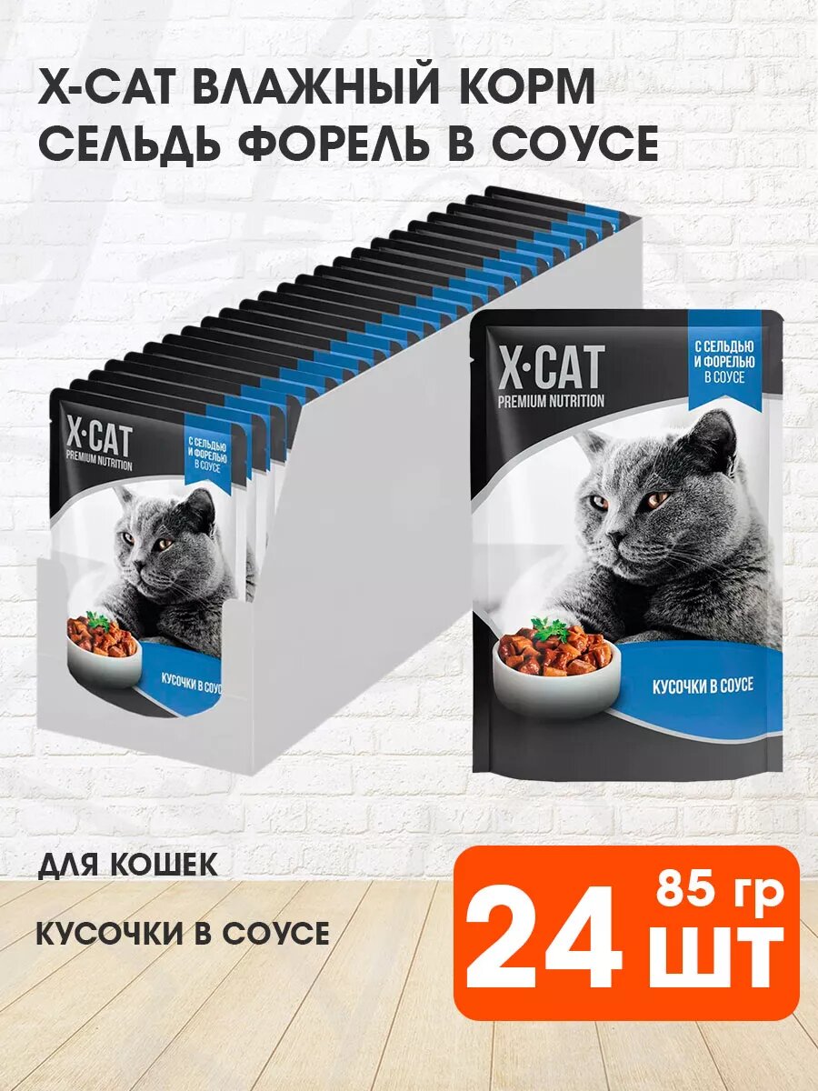 Корм влажный X-Cat для взрослых кошек, сельдь, форель в соусе, 85 г 24 шт