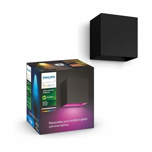 Настенный уличный светильник Philips Hue White и Color Ambiance Resonate, с регулируемой яркостью, 16 миллионов цветов, управление через приложение, совместимость с Amazon Alexa (Echo, Echo Dot), черный класс энергопотребления G