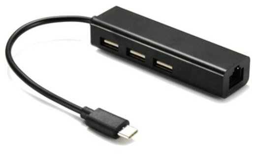 Сетевая карта RJ-45 KS-is KS-339B USB2.0 Type-C на LAN Ethernet кабель адаптер + хаб три порта RTL8152B - чёрная