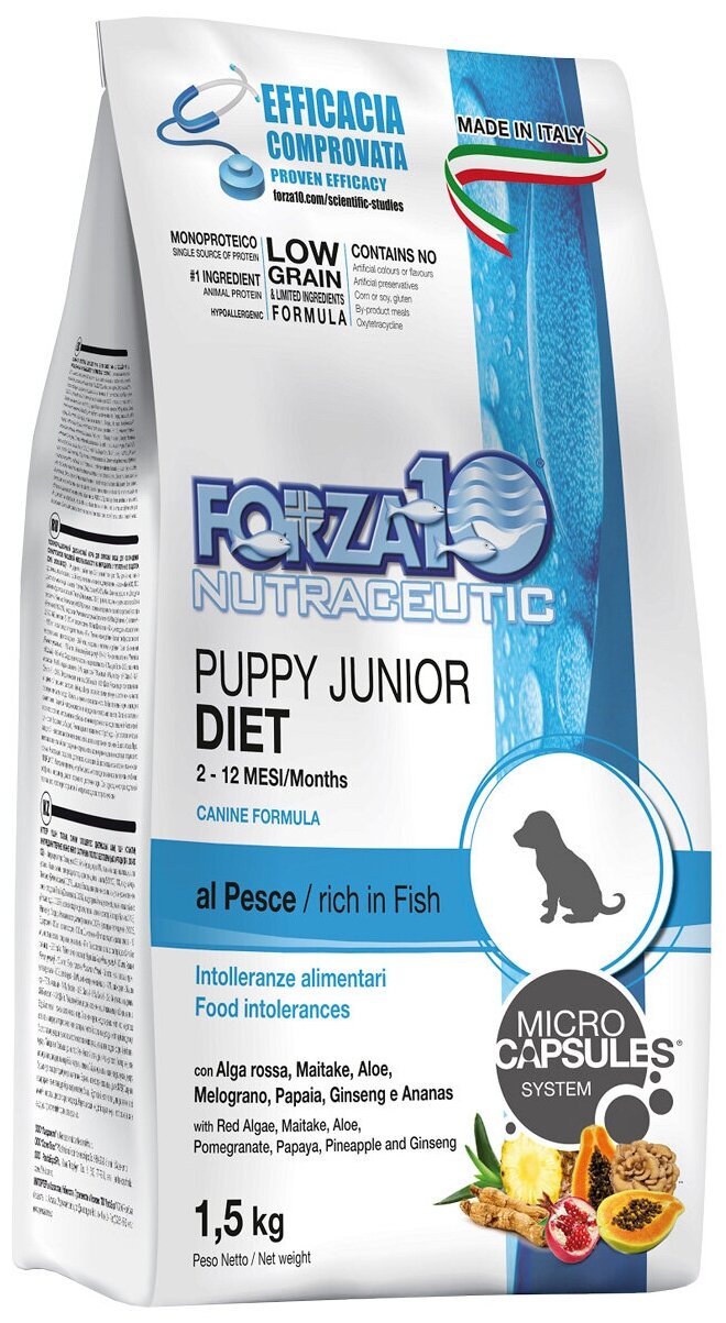 FORZA10 DOG PUPPY JUNIOR DIET монобелковый для щенков всех пород при аллергии с рыбой (1,5 кг)