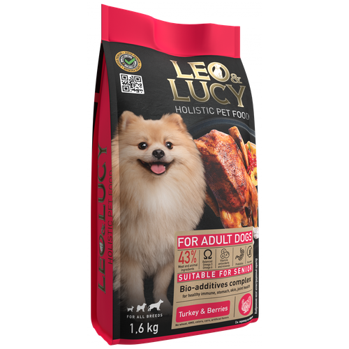LEO&LUCY сухой холистик корм полнорационный для взрослых собак всех пород с индейкой, ягодами и биодобавками, подходит пожилым, 1,6 кг
