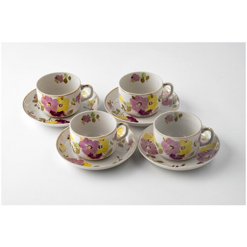 Набор чайных пар с цветочным декором на 4 персоны, фарфор, рельеф, роспись
