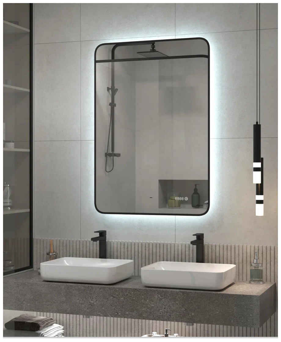 Зеркало для ванной с фоновой подсветкой, диммером и часами Reflection Black View черное 600х1000 RF4003BV - фотография № 1