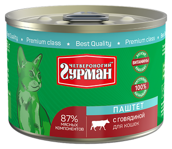 Четвероногий Гурман консервы для кошек паштет с Говядиной 190г