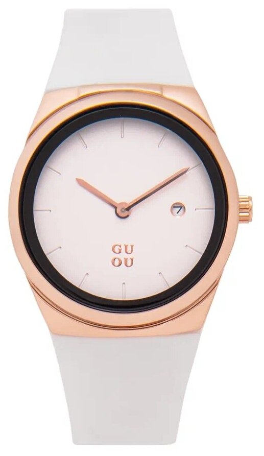 Часы женские наручные круглые с силиконовым ремешком GUOU кварцевые классические золотые белые