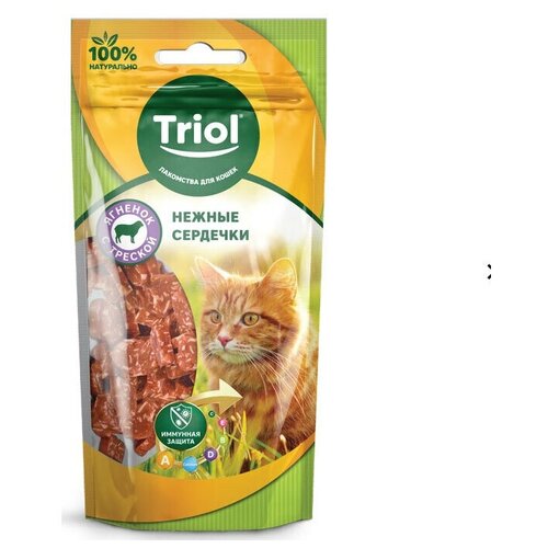 Лакомство Triol Нежные сердечки из ягненка с треской для кошек, 40г, 3 шт. triol лакомства triol лакомства мини медальоны из говядины с треской для кошек 40 г