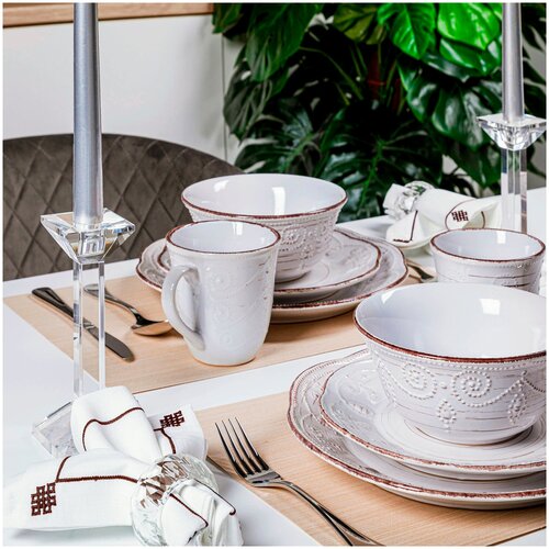 Сервиз столовый набор посуды 24 предмета 6 персон фарфор обеденный чайный тарелки для вторых блюд супа десерта чашки (кружки, чашки) белый