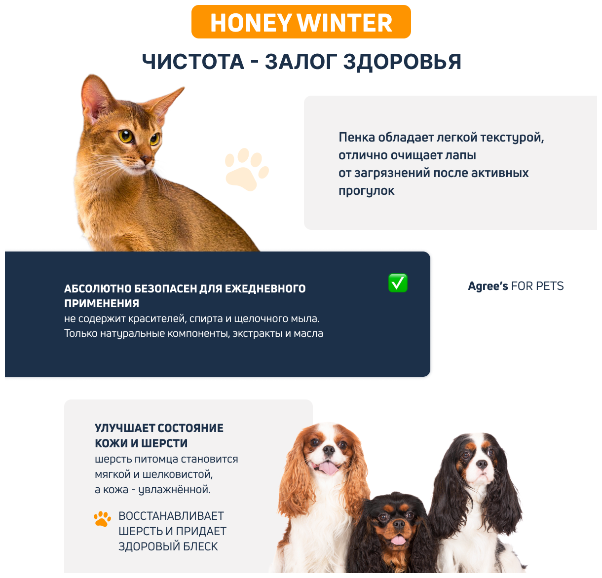 Гель мыло для лап кошек и собак Agree's for pets HONEY WINTER с экстрактом облепихи, 250 мл косметика уход для животных - фотография № 2