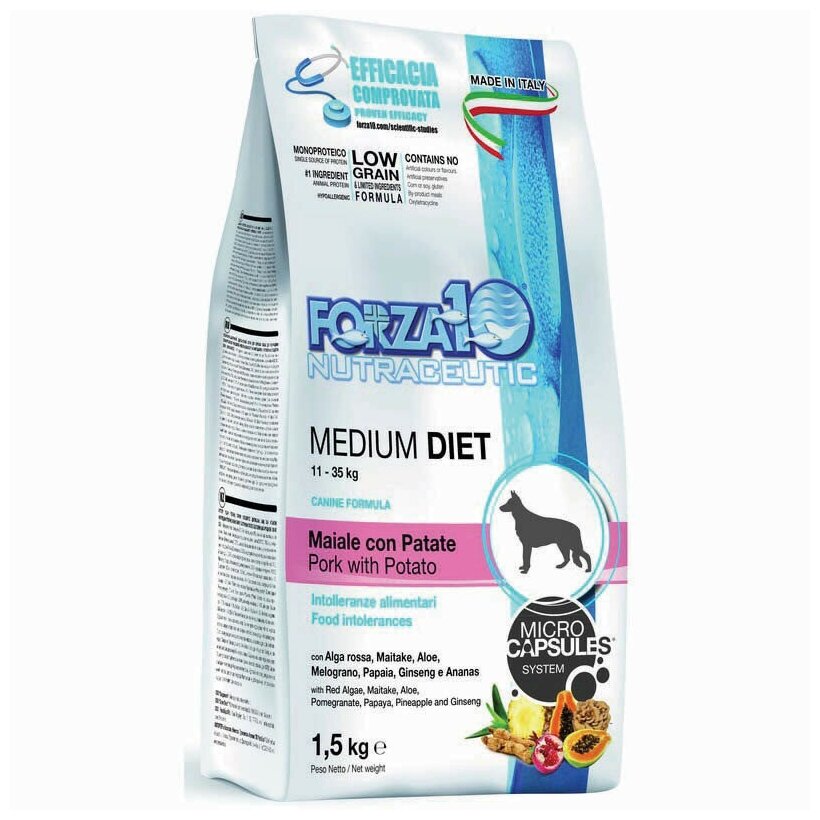 Forza10 Medium Diet сухой корм для взрослых собак средних пород из свинины, картофеля и риса с микрокапсулами - 1,5 кг