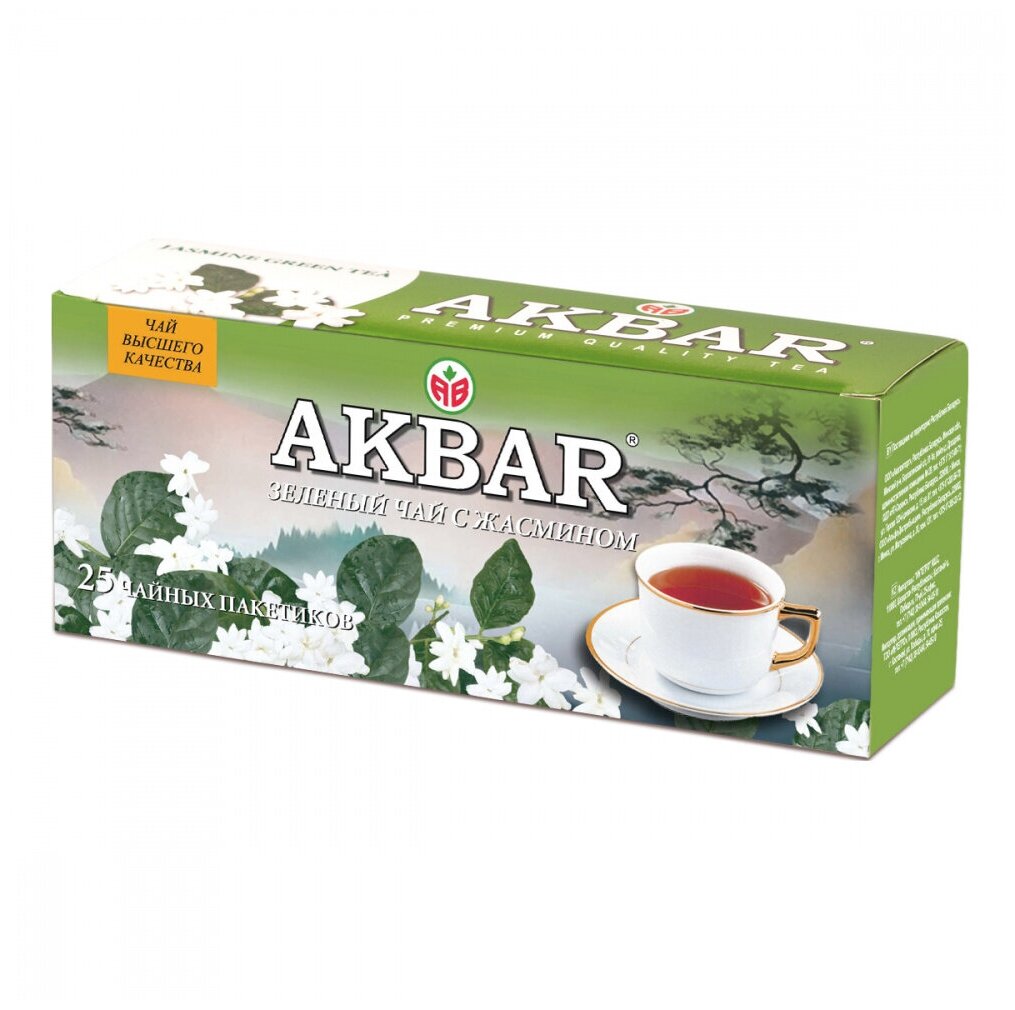 Чай зелёный с жасмином Akbar в пакетиках с/я 2 г.*25 пак - фотография № 2