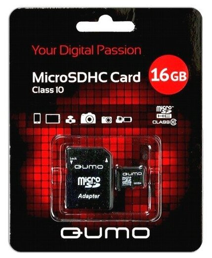 Карта памяти microSDHC Qumo 16 Гб класс 10 FULL HD 1080 Video - с адаптером SD