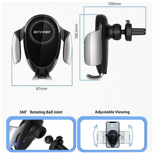 Автомобильный держатель с беспроводной зарядкой и автоматическим зажимом BlitzWolf BW-CW3 Auto-Clamping Wireless Car Charger Holder Black
