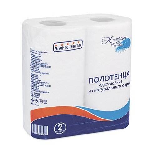 Купить Полотенца бумажные Комфорт для всей семьи , 6 рулонов (3 упаковки по 2 шт.) белые, однослойные, белый, первичная целлюлоза, Туалетная бумага и полотенца