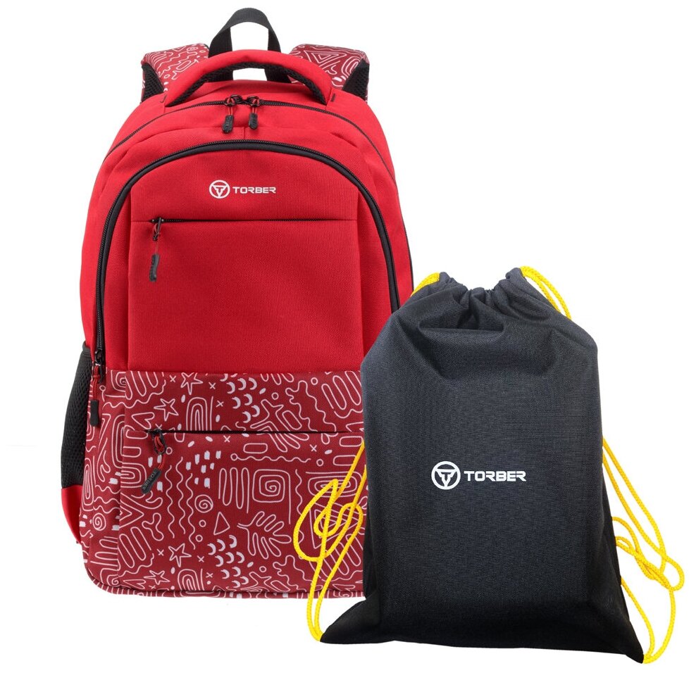 Рюкзак TORBER CLASS X, красный с орнаментом, 45 x 30 x 18 см + Мешок для сменной обуви в подарок, T2602-22-RED-M