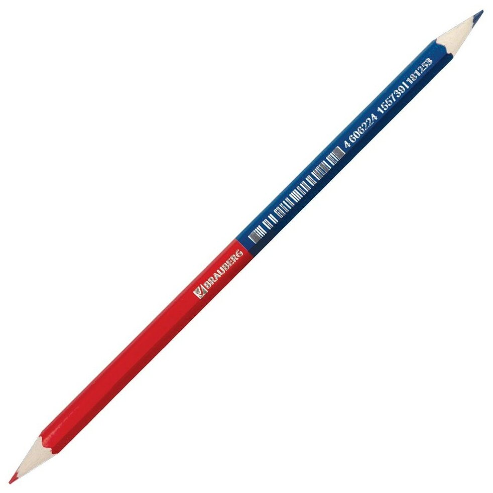 Карандаш двухцветный красно - синий, BRAUBERG, заточенный, грифель 2,9 мм, 12 шт.