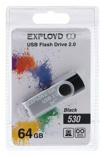 Флешка Exployd 530 64 Гб USB2.0 чт до 15 Мб/с зап до 8 Мб/с черная