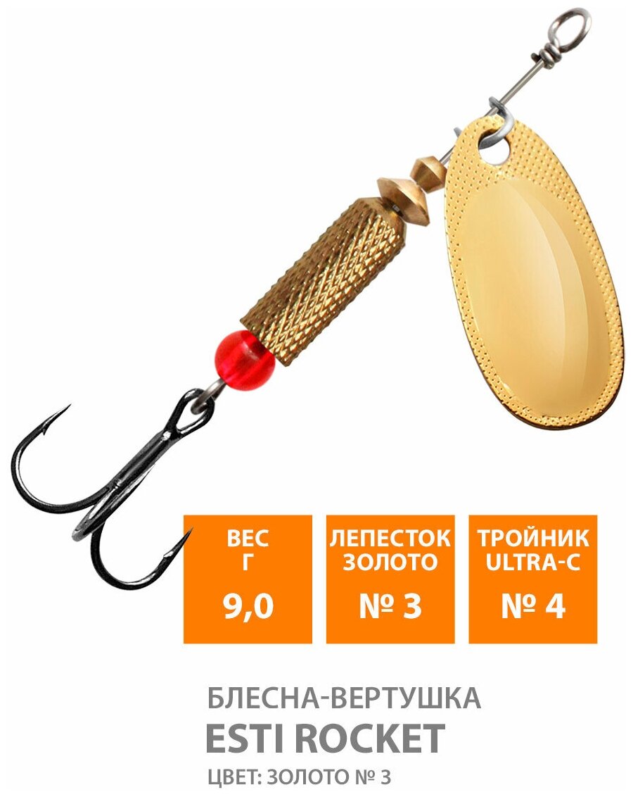Блесна вертушка для рыбалки AQUA Esti Rocket-3 9g золото